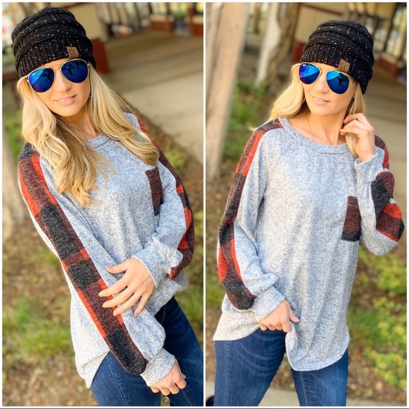 Heather gray soft tunic with red plaid detail - Picture 7 of 7